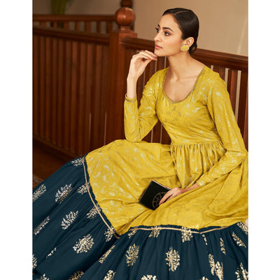 Mehendi Green Partywear Metallic Foil Work Georgette Gown