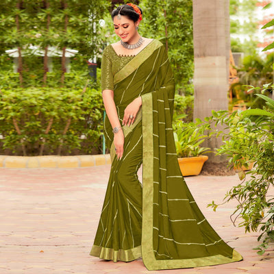 Mehendi Green Partywear Printed Chiffon Saree With Border