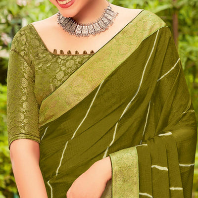 Mehendi Green Partywear Printed Chiffon Saree With Border
