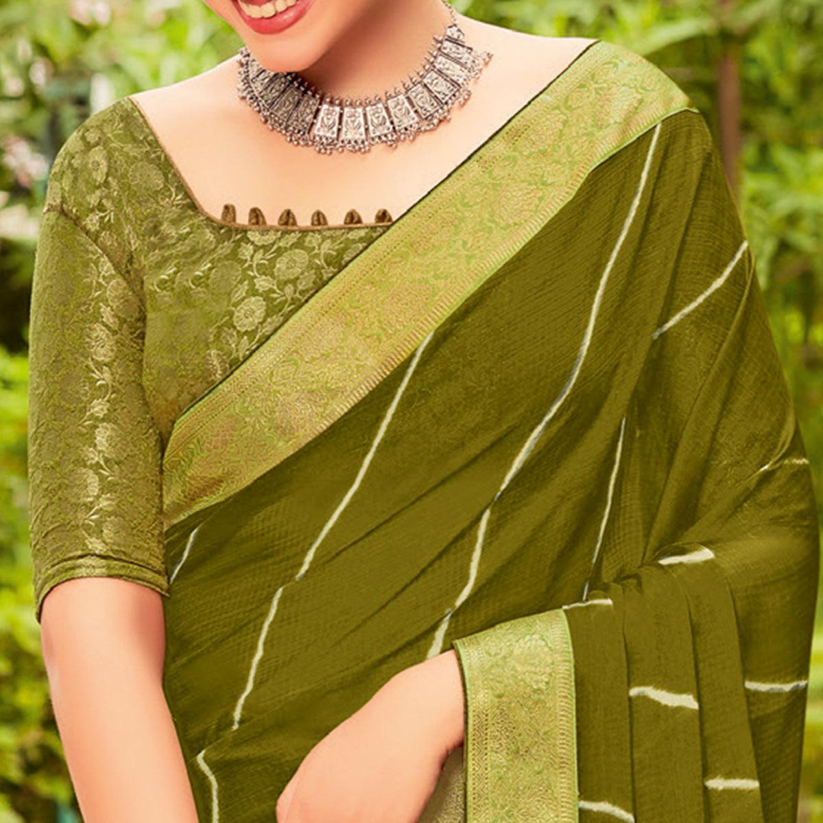 Mehendi Green Partywear Printed Chiffon Saree With Border