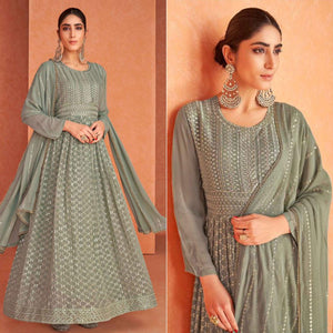 Mehendi Green Partywear Sequins Embroidered Georgette Anarkali Suit