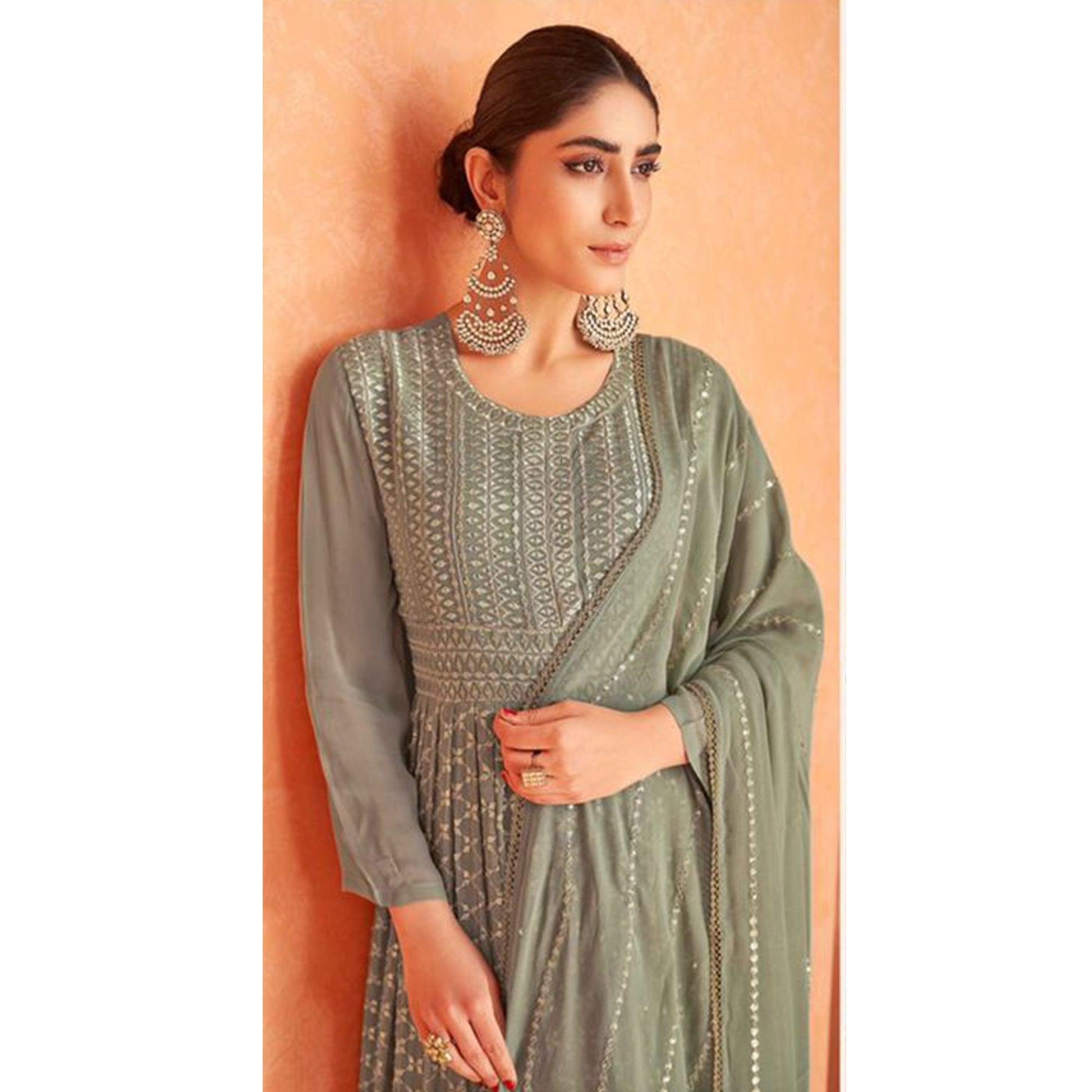 Mehendi Green Partywear Sequins Embroidered Georgette Anarkali Suit