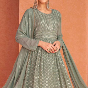 Mehendi Green Partywear Sequins Embroidered Georgette Anarkali Suit