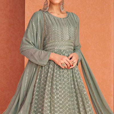 Mehendi Green Partywear Sequins Embroidered Georgette Anarkali Suit
