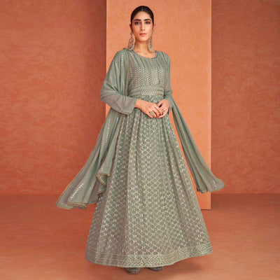 Mehendi Green Partywear Sequins Embroidered Georgette Anarkali Suit