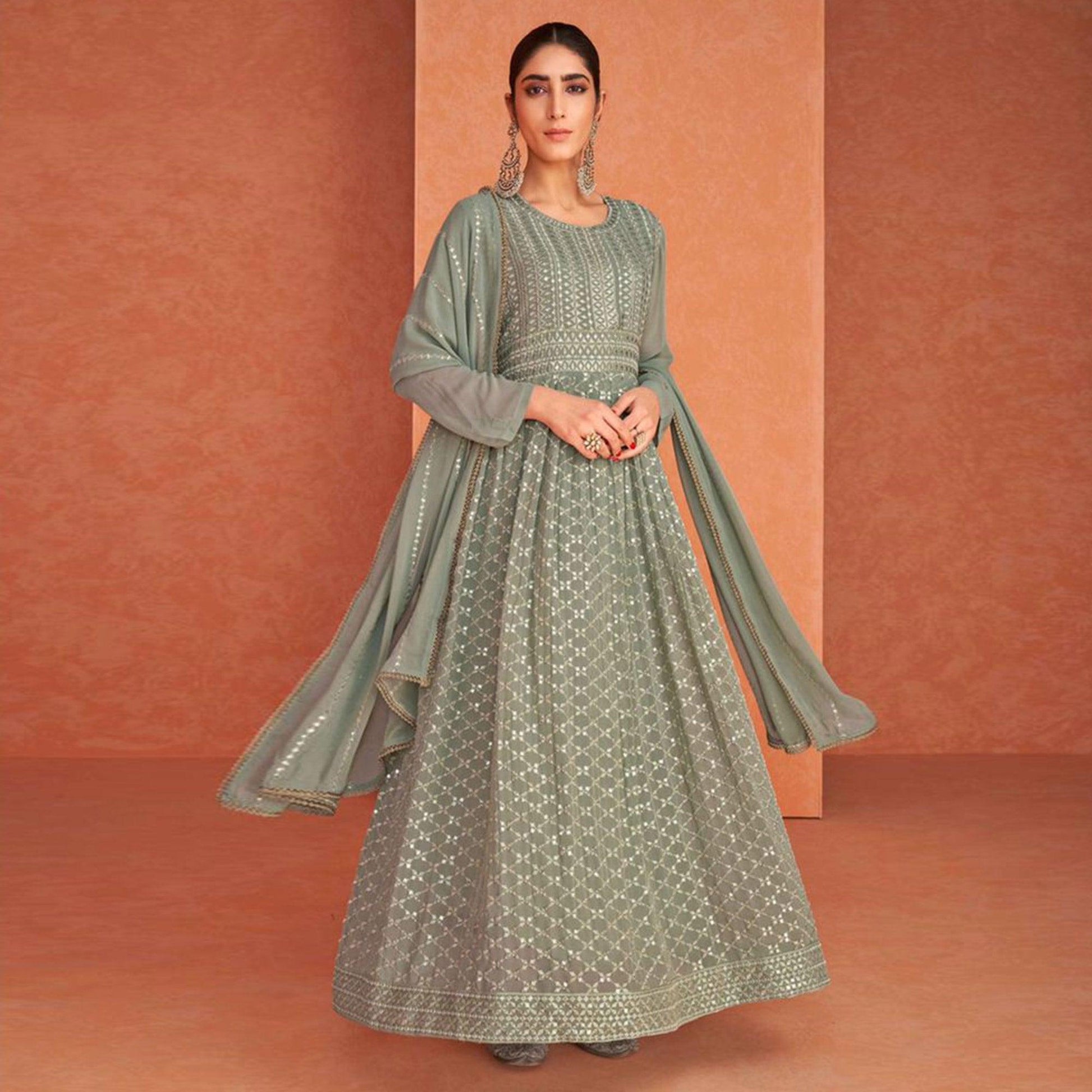 Mehendi Green Partywear Sequins Embroidered Georgette Anarkali Suit