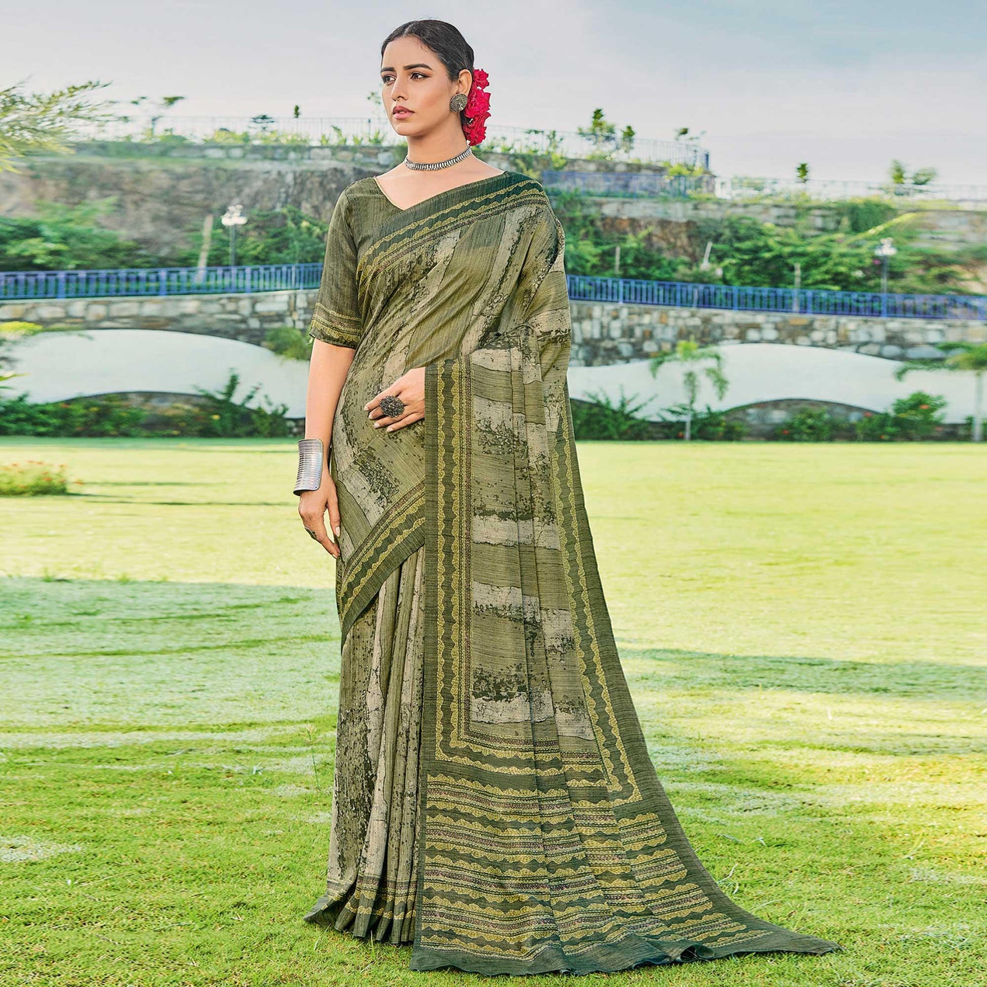 Mehendi Green Printed Cotton Silk Saree