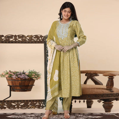 Mehendi Green Printed-Embroidered Muslin Kurti Pant Set With Dupatta