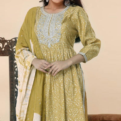Mehendi Green Printed-Embroidered Muslin Kurti Pant Set With Dupatta