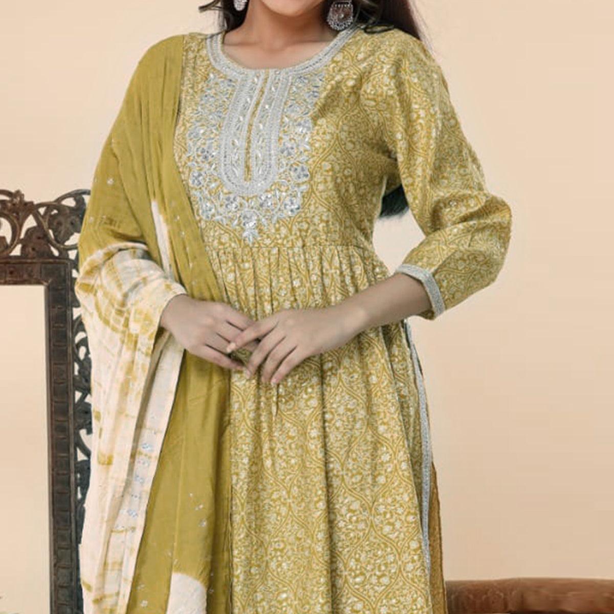 Mehendi Green Printed-Embroidered Muslin Kurti Pant Set With Dupatta