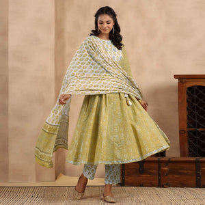 Mehendi Green Printed Pure Cotton Anarkali Suit