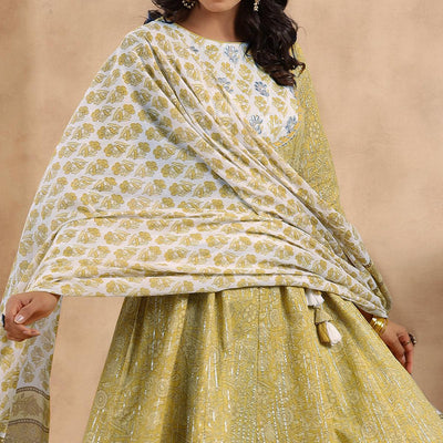 Mehendi Green Printed Pure Cotton Anarkali Suit