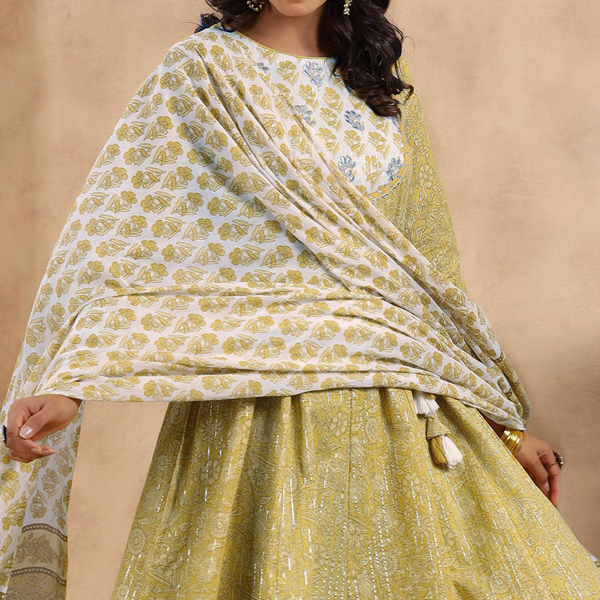 Mehendi Green Printed Pure Cotton Anarkali Suit