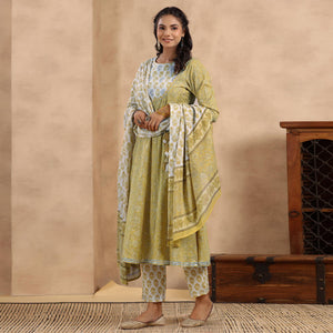Mehendi Green Printed Pure Cotton Anarkali Suit