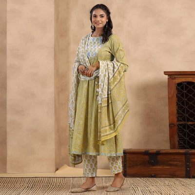 Mehendi Green Printed Pure Cotton Anarkali Suit