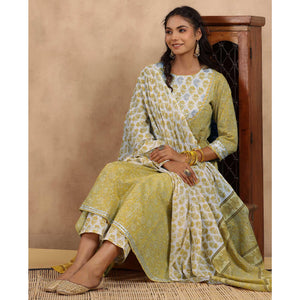 Mehendi Green Printed Pure Cotton Anarkali Suit
