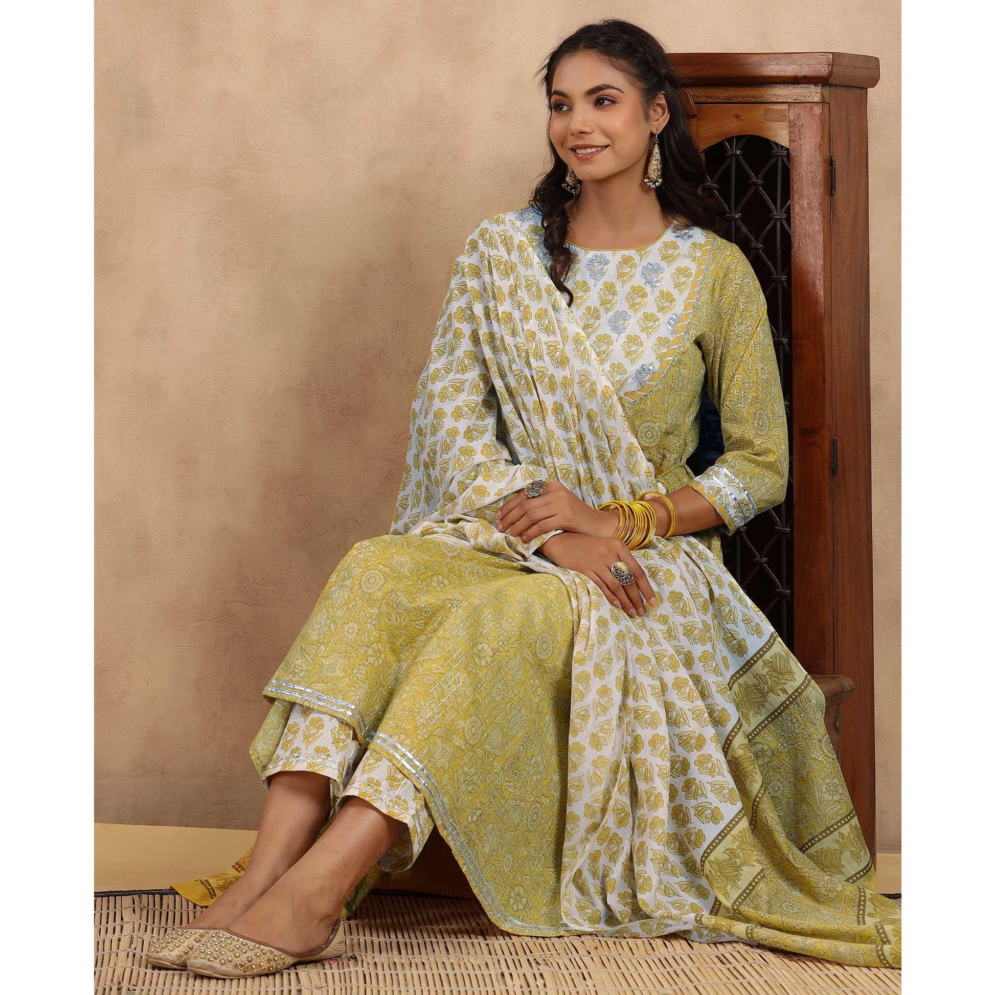 Mehendi Green Printed Pure Cotton Anarkali Suit