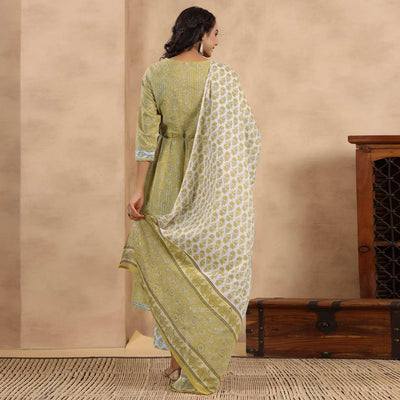 Mehendi Green Printed Pure Cotton Anarkali Suit