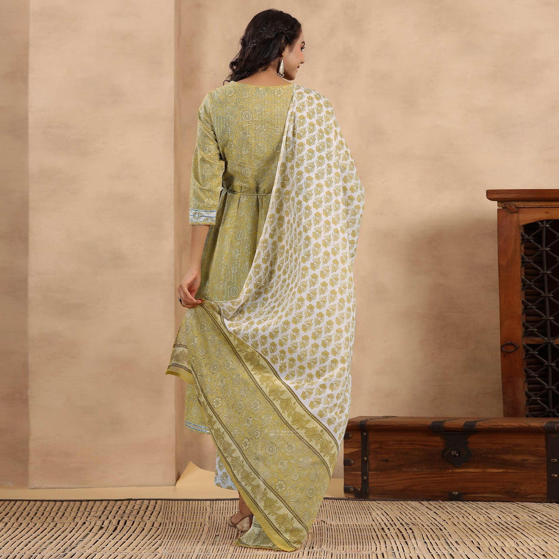 Mehendi Green Printed Pure Cotton Anarkali Suit