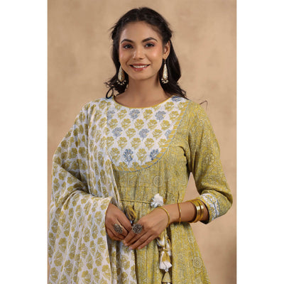 Mehendi Green Printed Pure Cotton Anarkali Suit