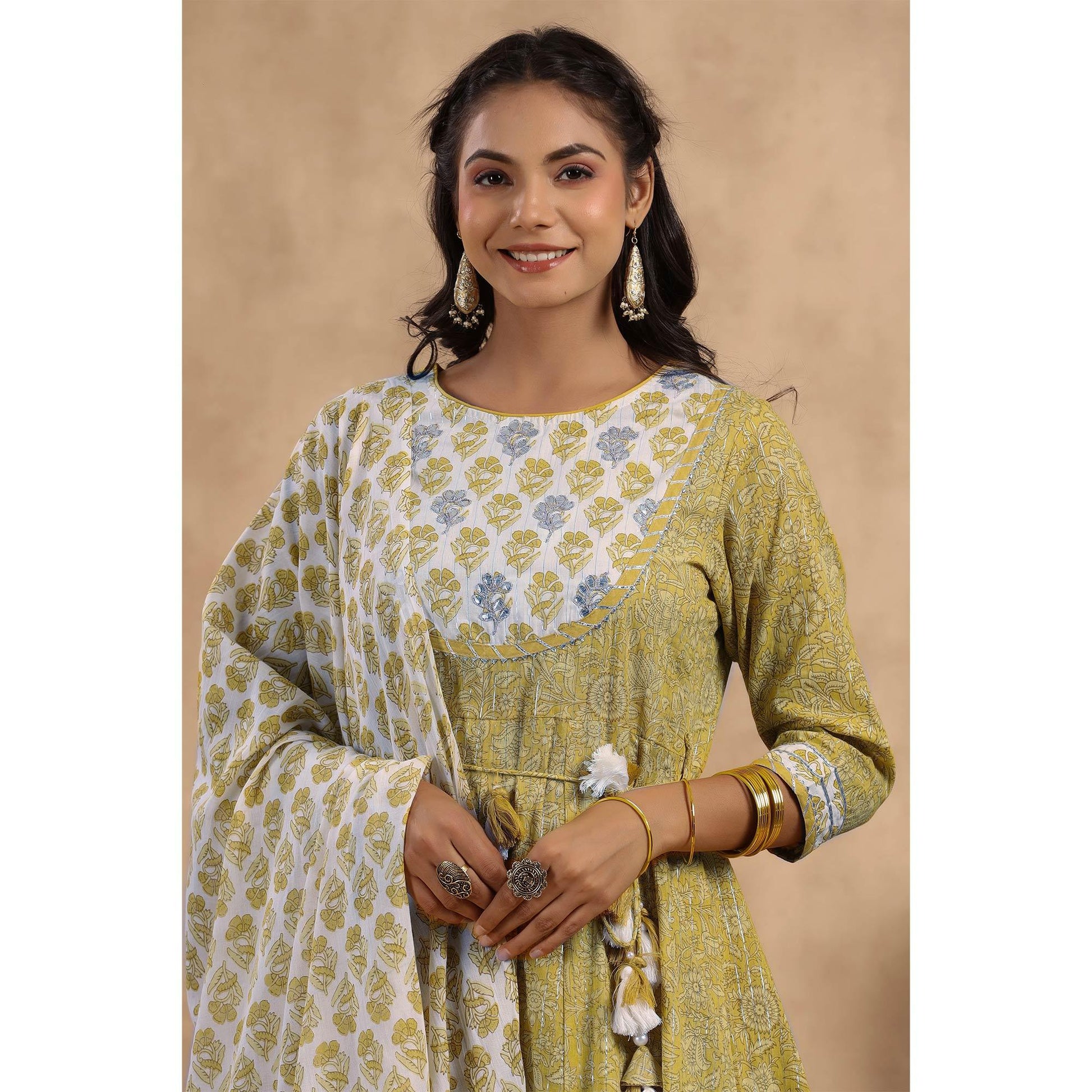 Mehendi Green Printed Pure Cotton Anarkali Suit