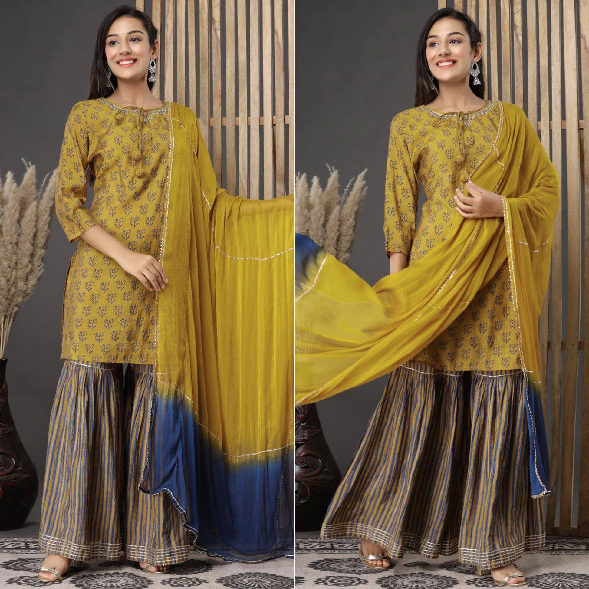 Mehendi Green Printed Pure Cotton Sharara Suit