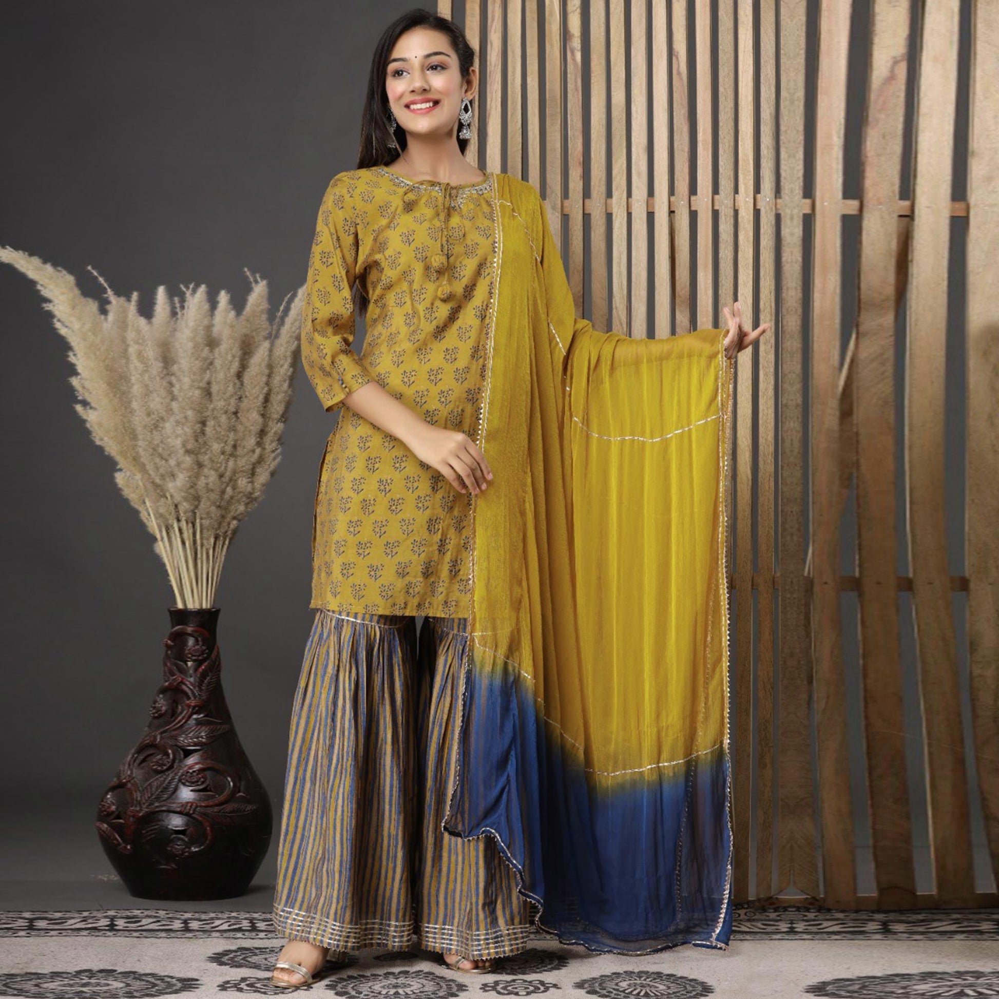 Mehendi Green Printed Pure Cotton Sharara Suit