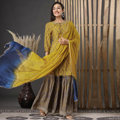 Mehendi Green Printed Pure Cotton Sharara Suit