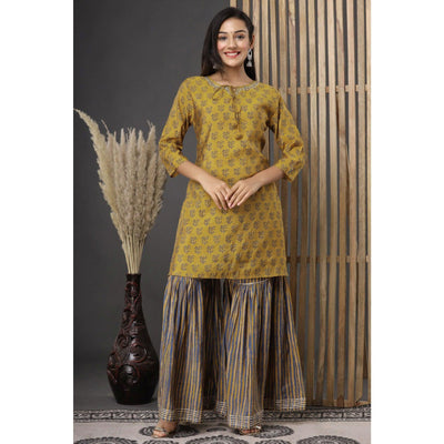 Mehendi Green Printed Pure Cotton Sharara Suit