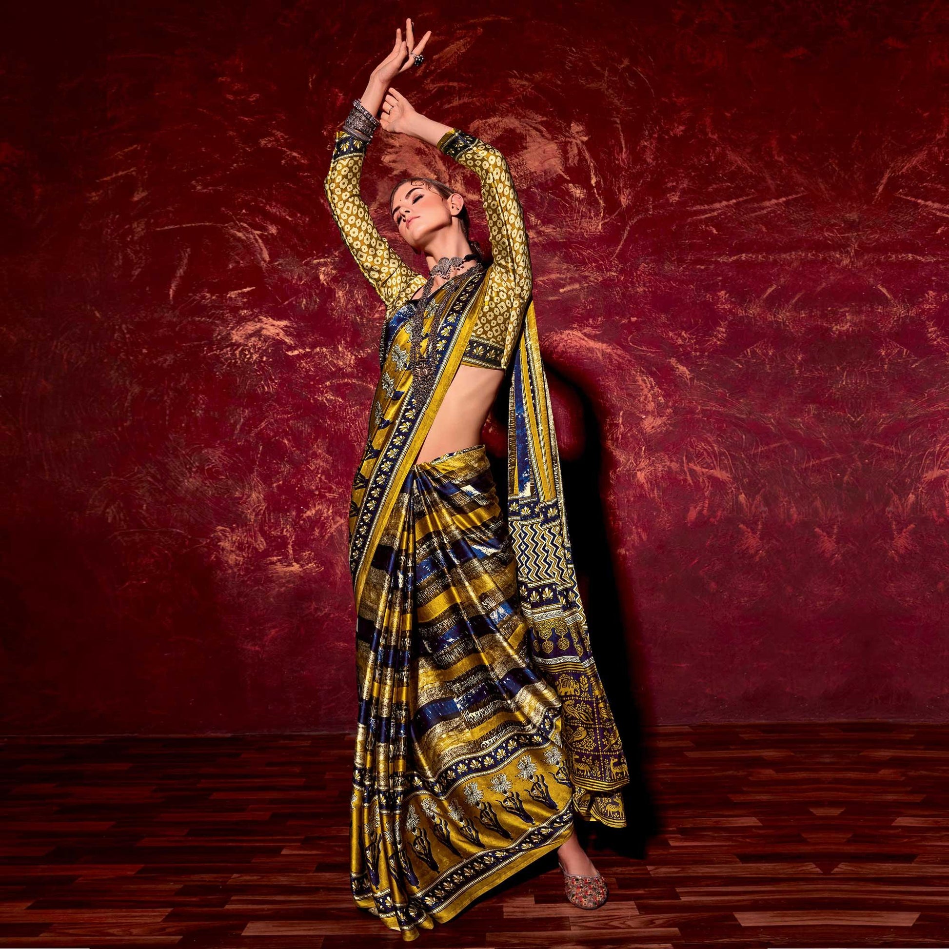 Mehendi Green Printed Satin Saree