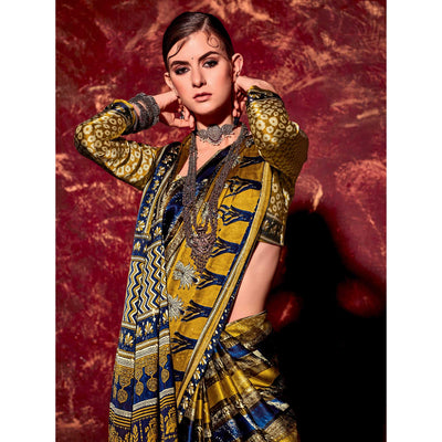 Mehendi Green Printed Satin Saree