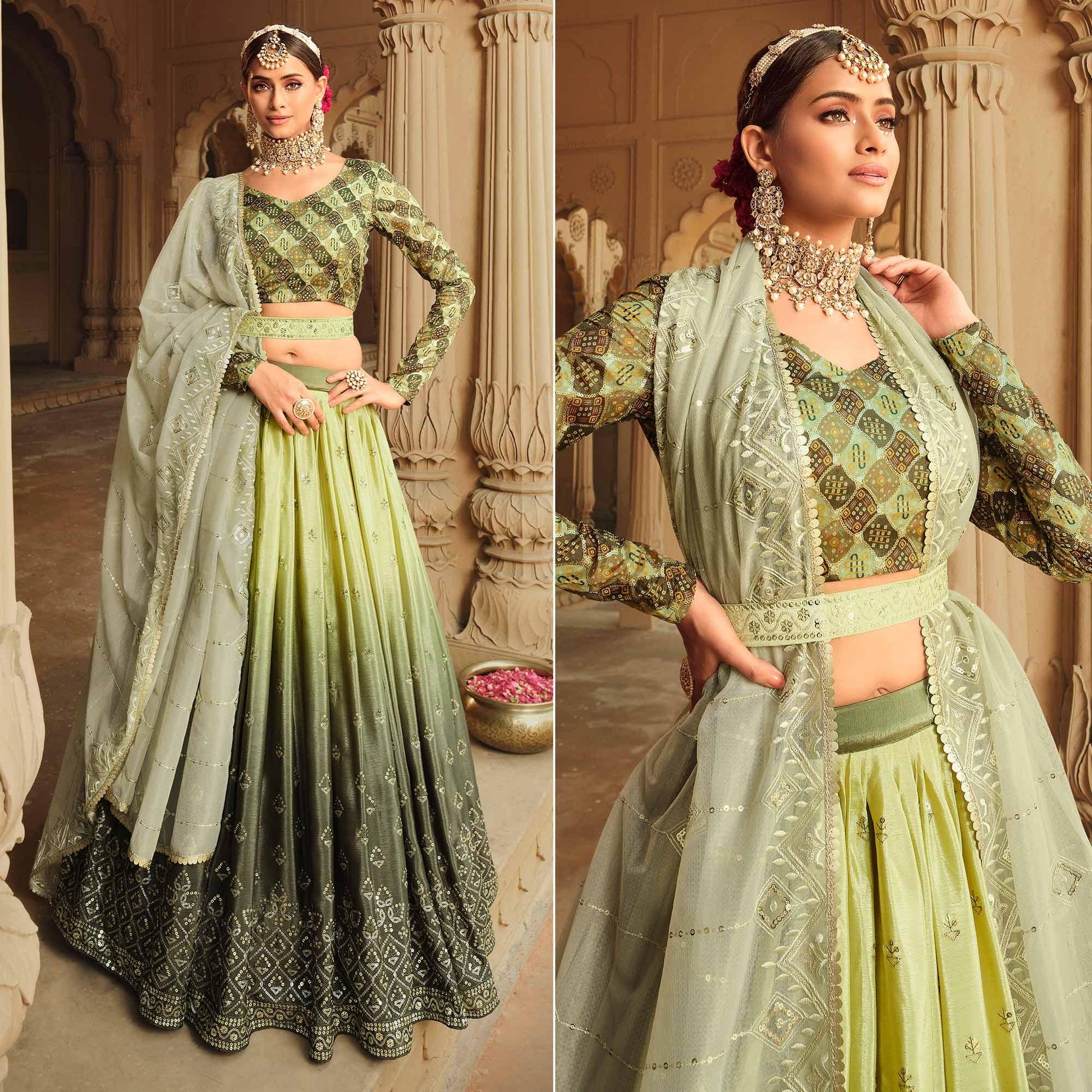 Mehendi Green Sequins Embroidered Art Silk Lehenga Choli