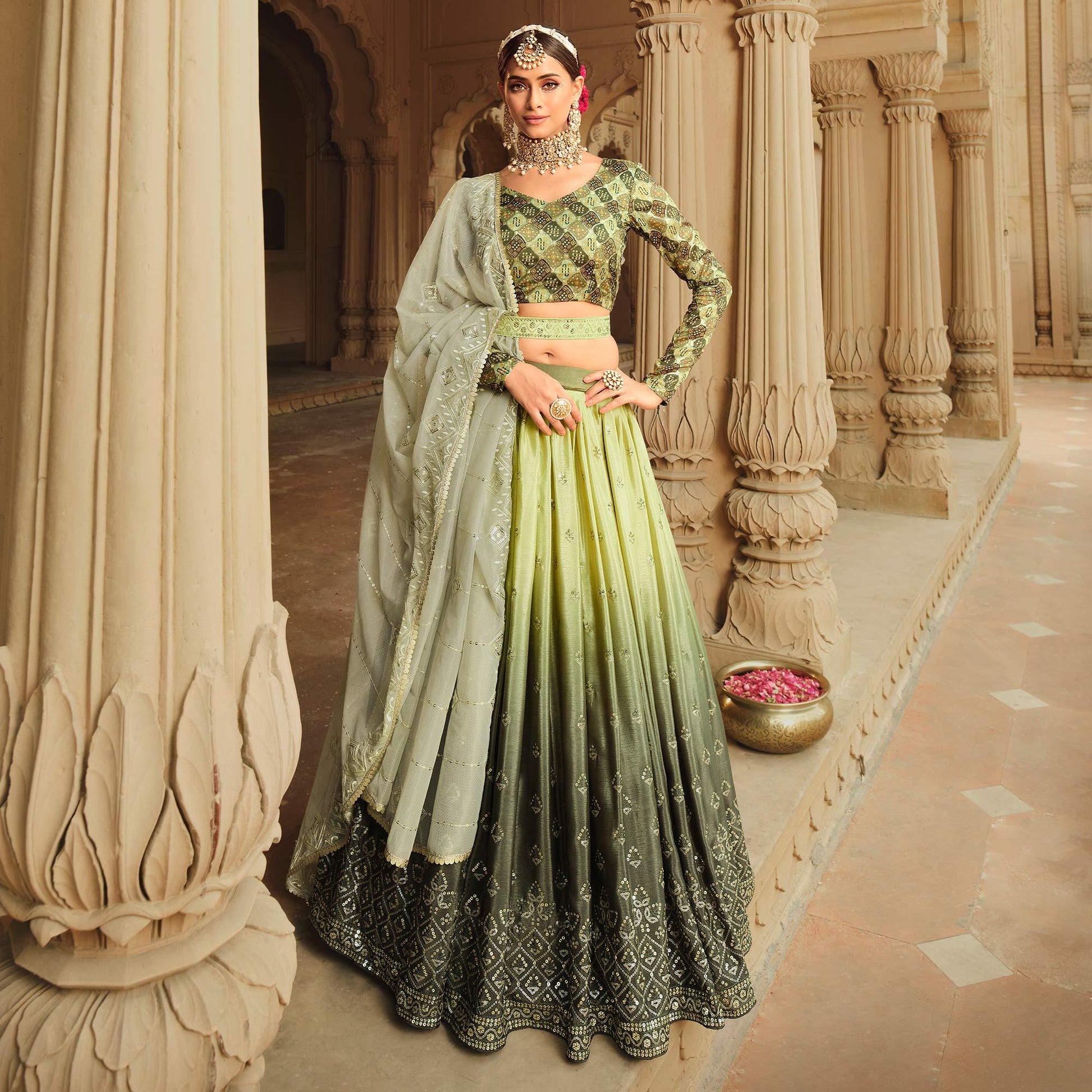 Mehendi Green Sequins Embroidered Art Silk Lehenga Choli