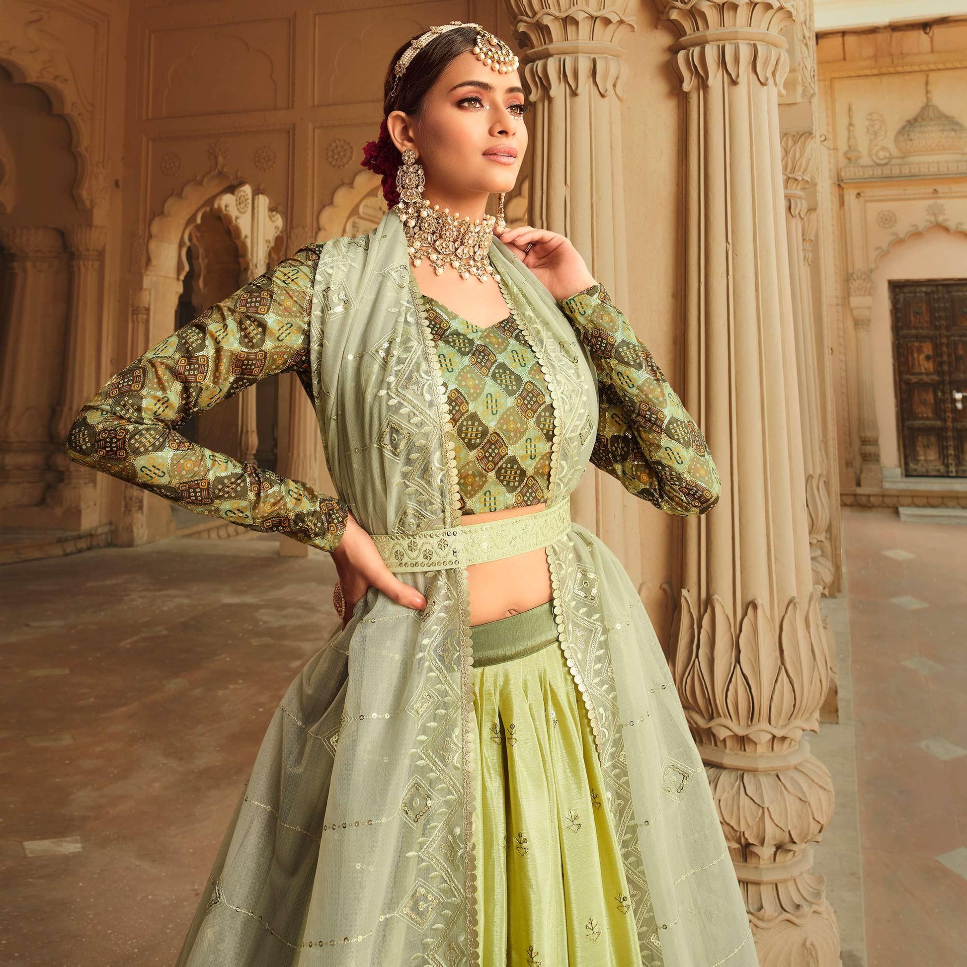 Mehendi Green Sequins Embroidered Art Silk Lehenga Choli