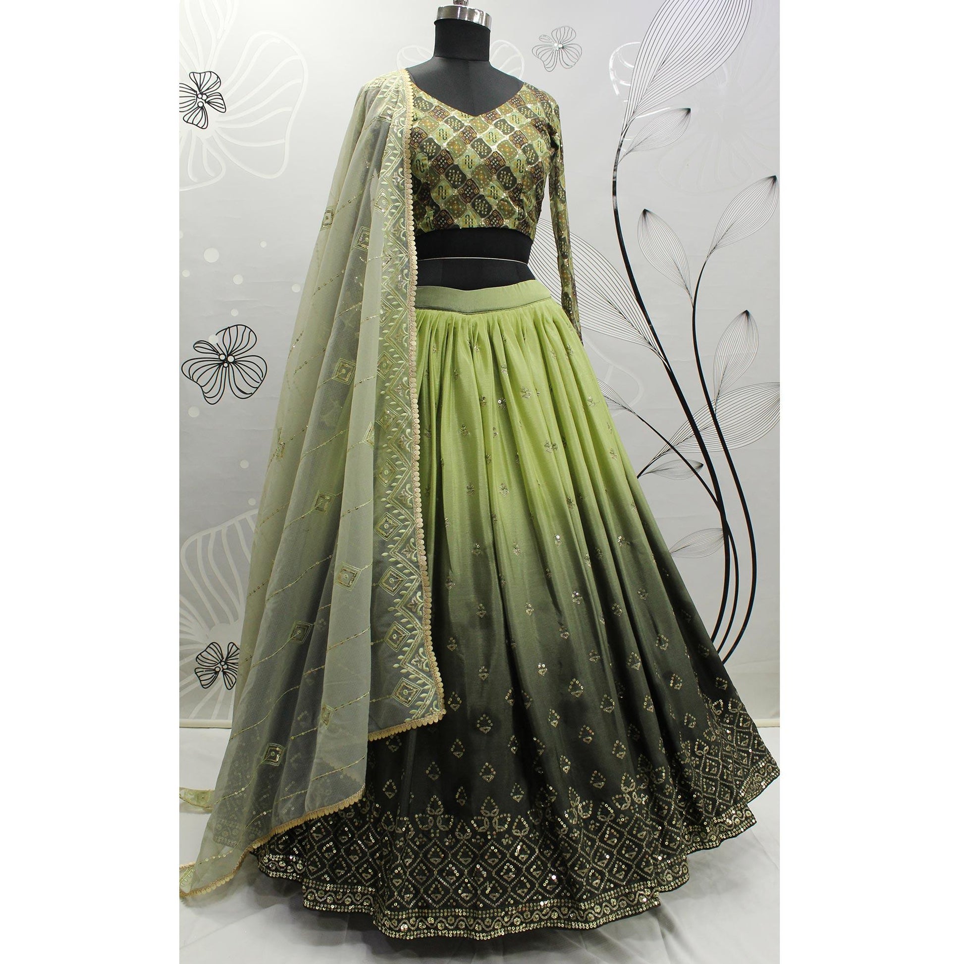 Mehendi Green Sequins Embroidered Art Silk Lehenga Choli