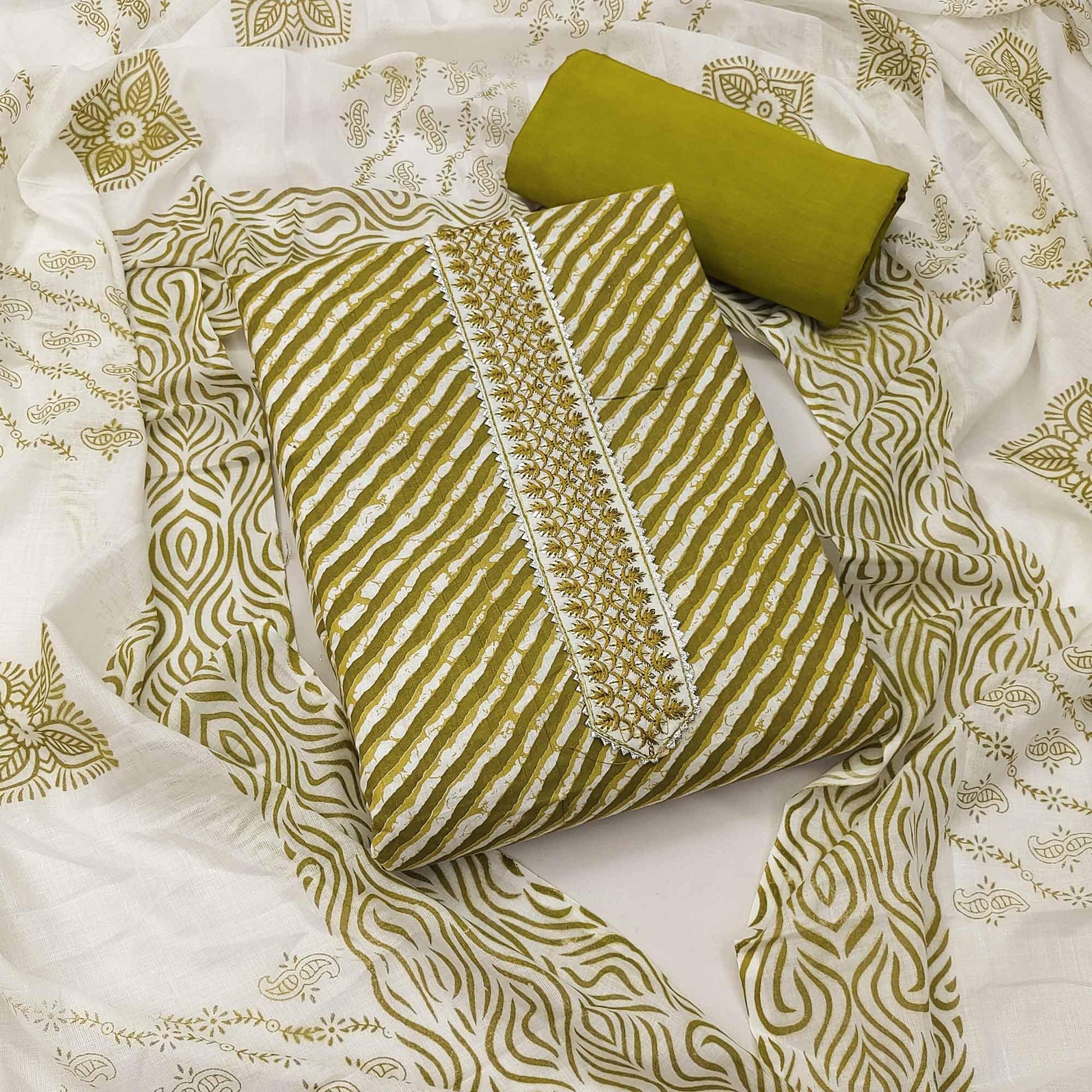 Mehendi-Green Stripe Printed With Embroidered Cotton Blend Dress Material