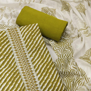 Mehendi-Green Stripe Printed With Embroidered Cotton Blend Dress Material