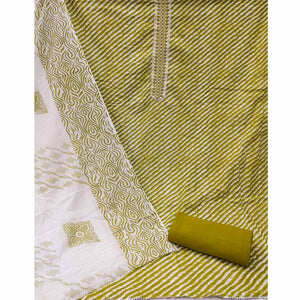 Mehendi-Green Stripe Printed With Embroidered Cotton Blend Dress Material