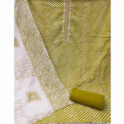 Mehendi-Green Stripe Printed With Embroidered Cotton Blend Dress Material