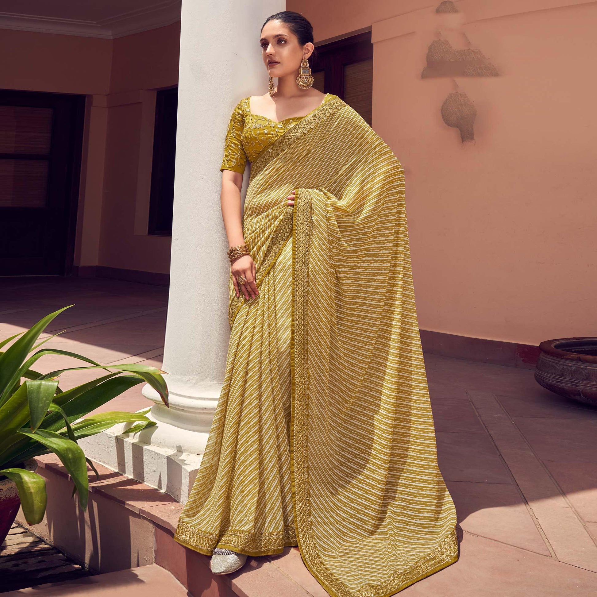 Mehendi Green Striped Printed Georgette Saree