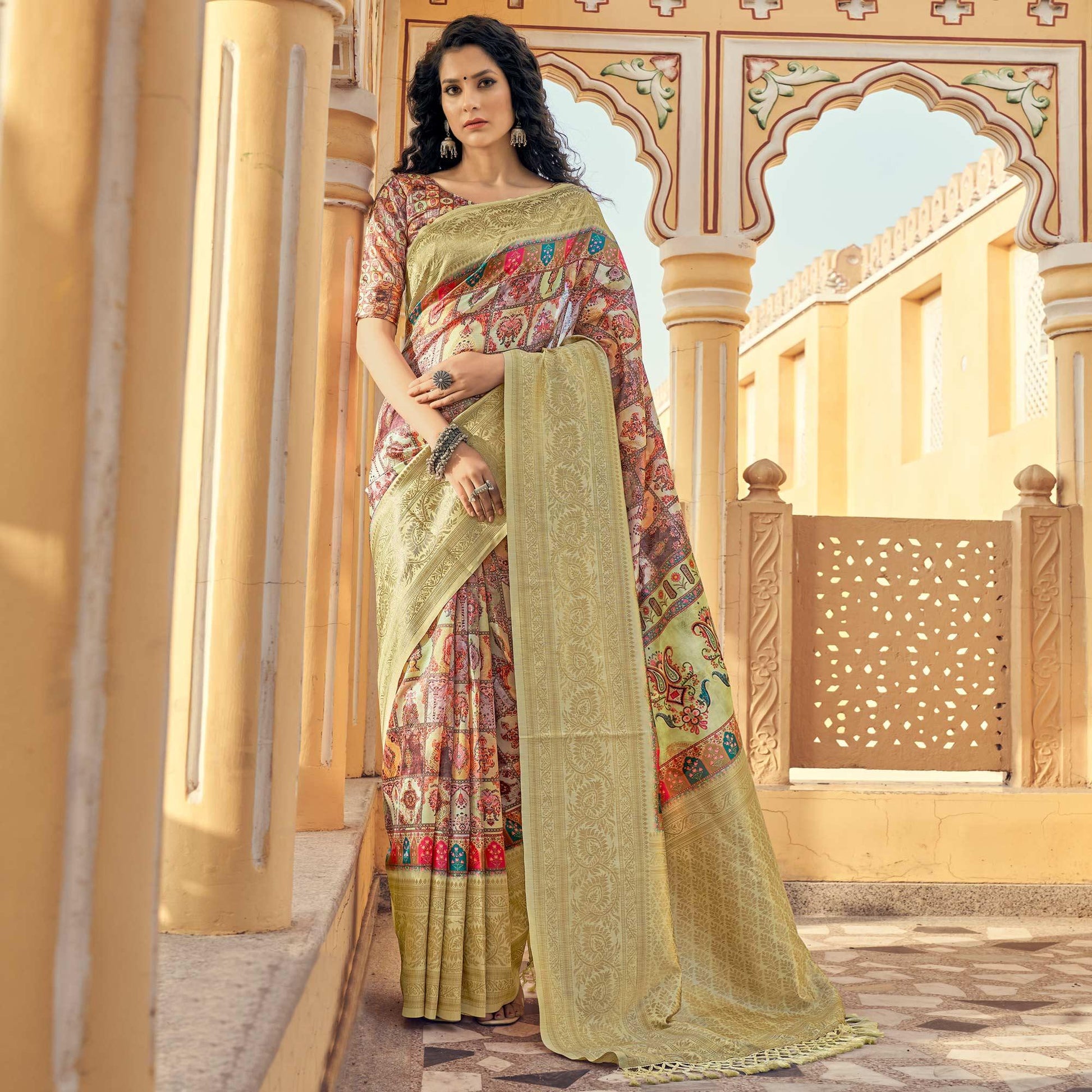 Mehendi Party Wear Digital Print Art Silk Saree With Tassels