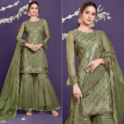 Mehendi Sequins Embroidered Netted Sharara Suit