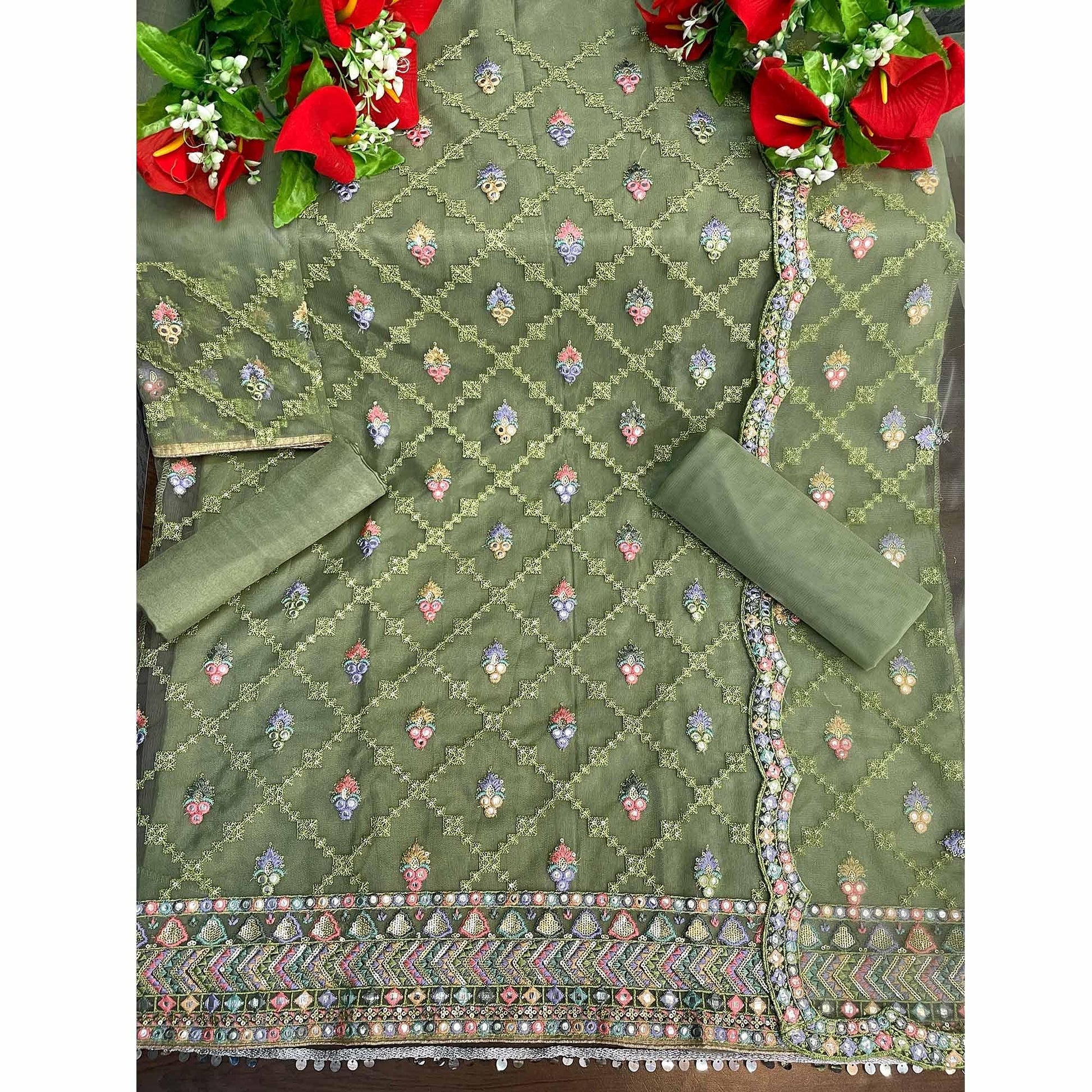 Mehendi Sequins Embroidered Netted Sharara Suit