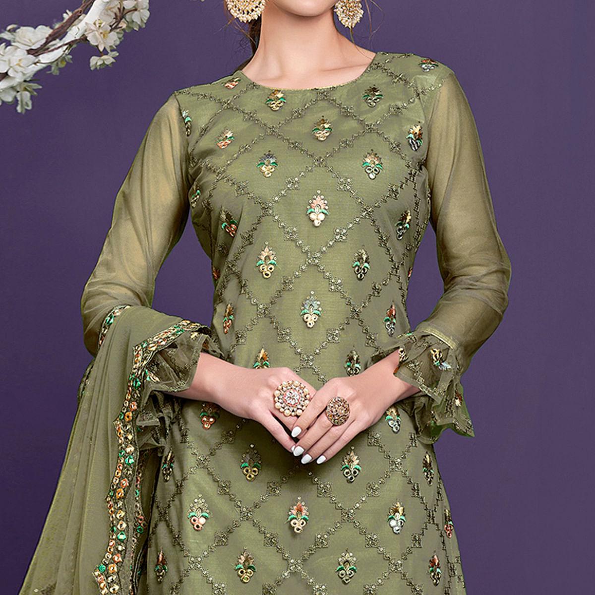 Mehendi Sequins Embroidered Netted Sharara Suit