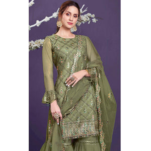 Mehendi Sequins Embroidered Netted Sharara Suit
