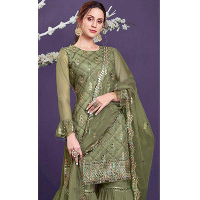 Mehendi Sequins Embroidered Netted Sharara Suit