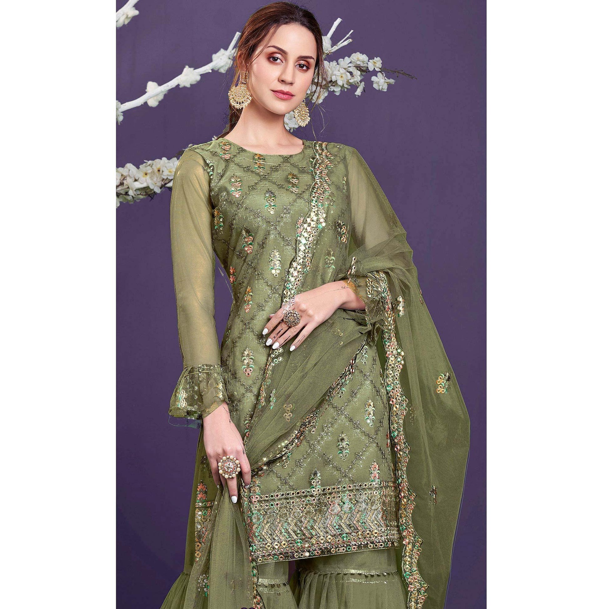 Mehendi Sequins Embroidered Netted Sharara Suit