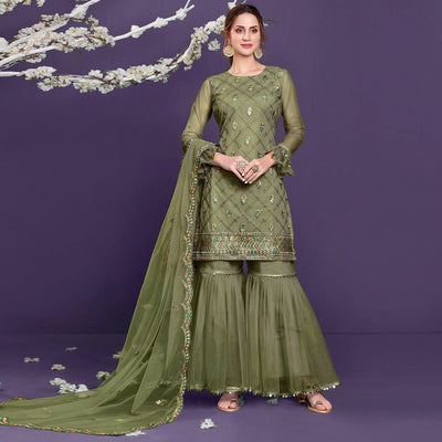 Mehendi Sequins Embroidered Netted Sharara Suit