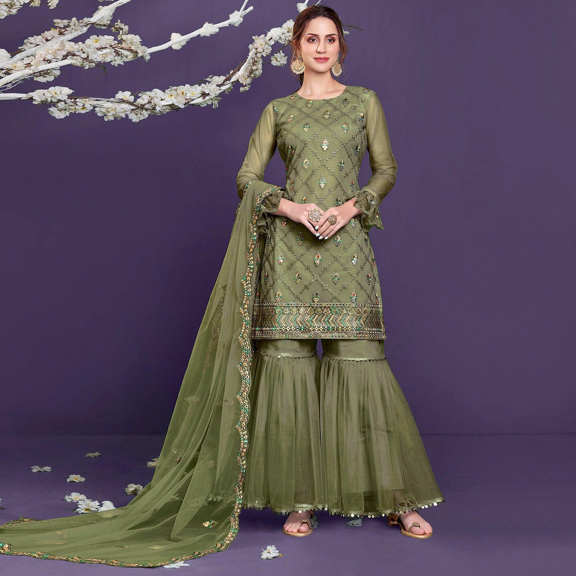 Mehendi Sequins Embroidered Netted Sharara Suit
