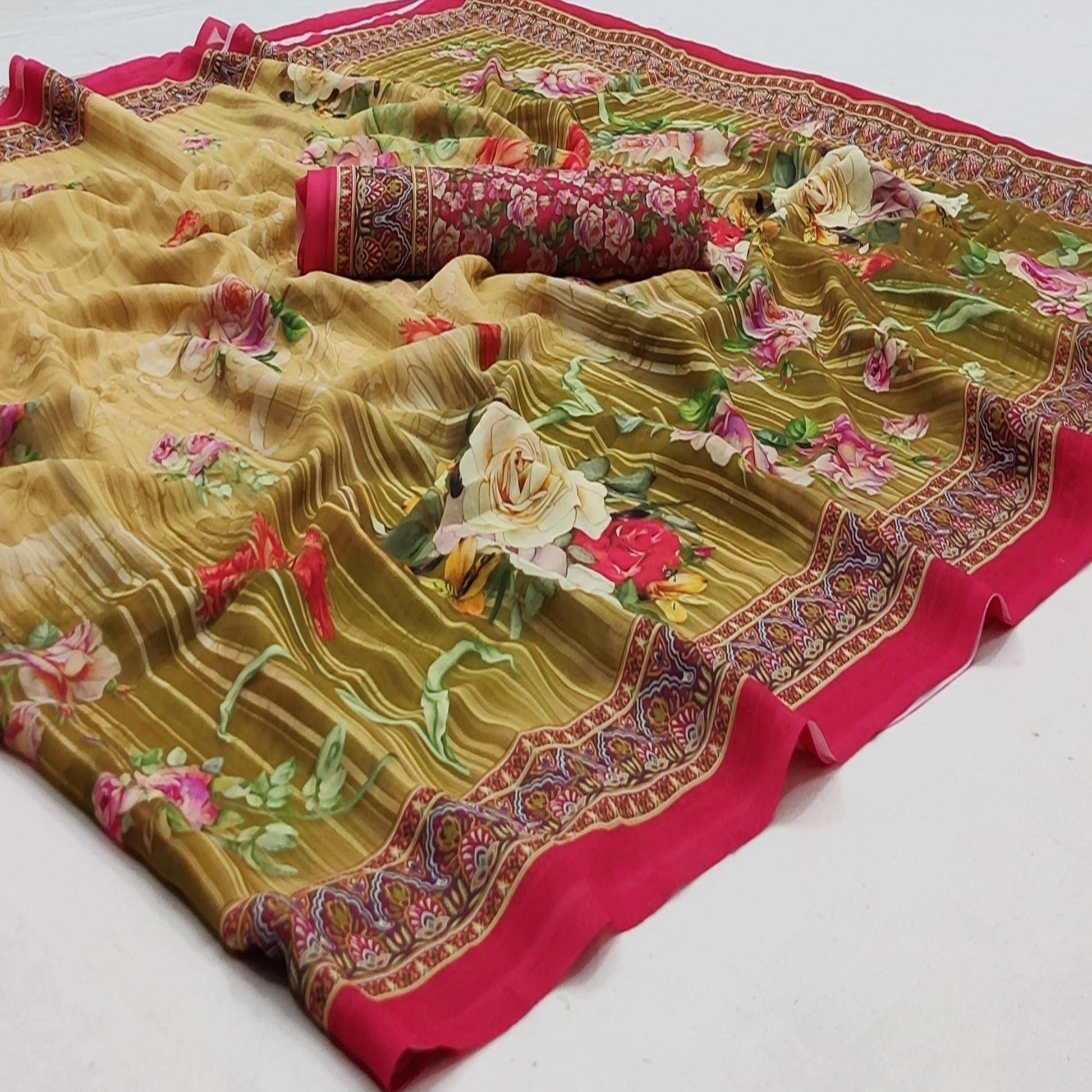 Mehndi Green Casual Wear Floral Digital Printed Georgette Saree